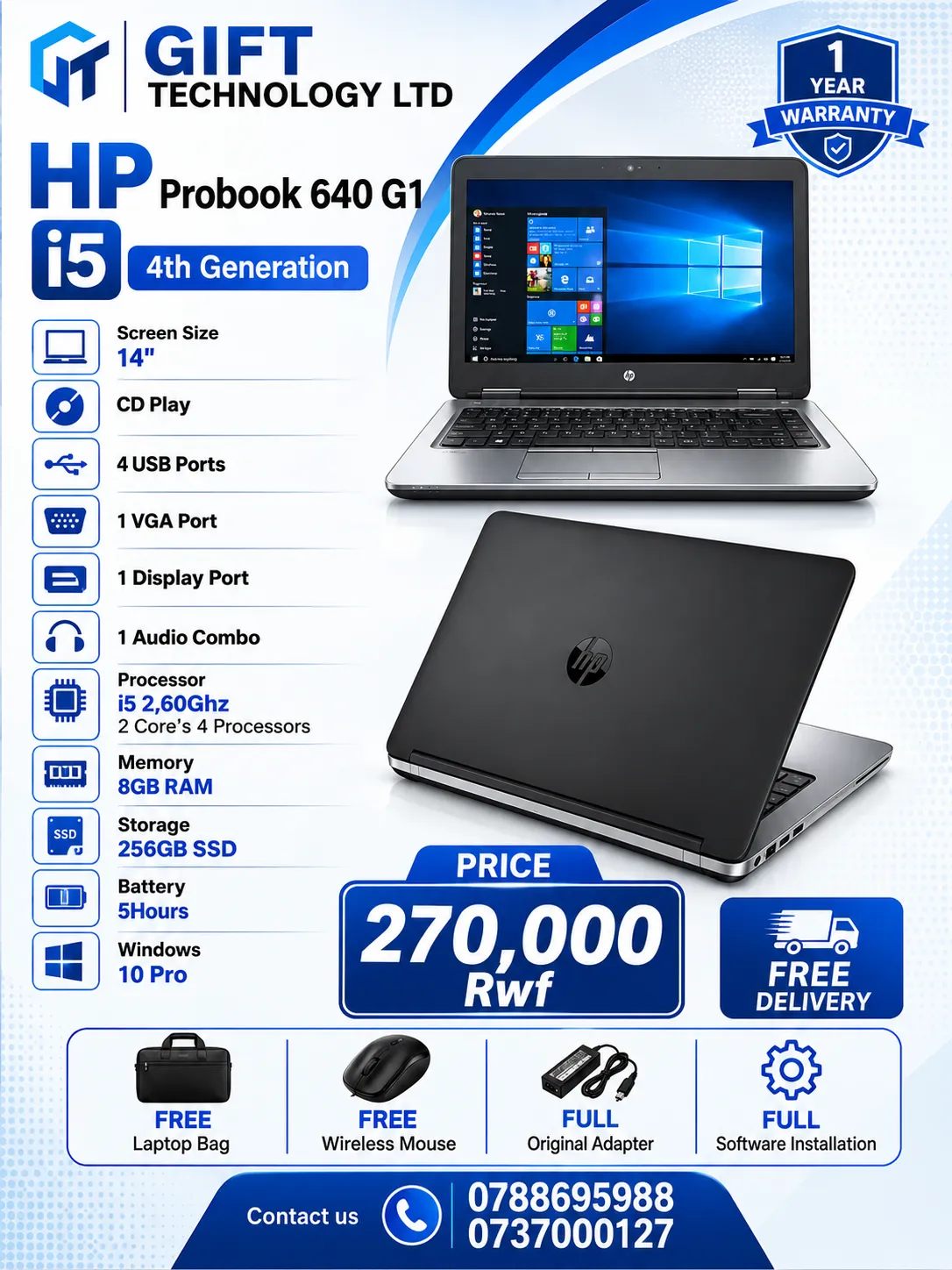 hp Probook 640 G1 i5 4th Generation Laptop 256GB for sale in Kigali