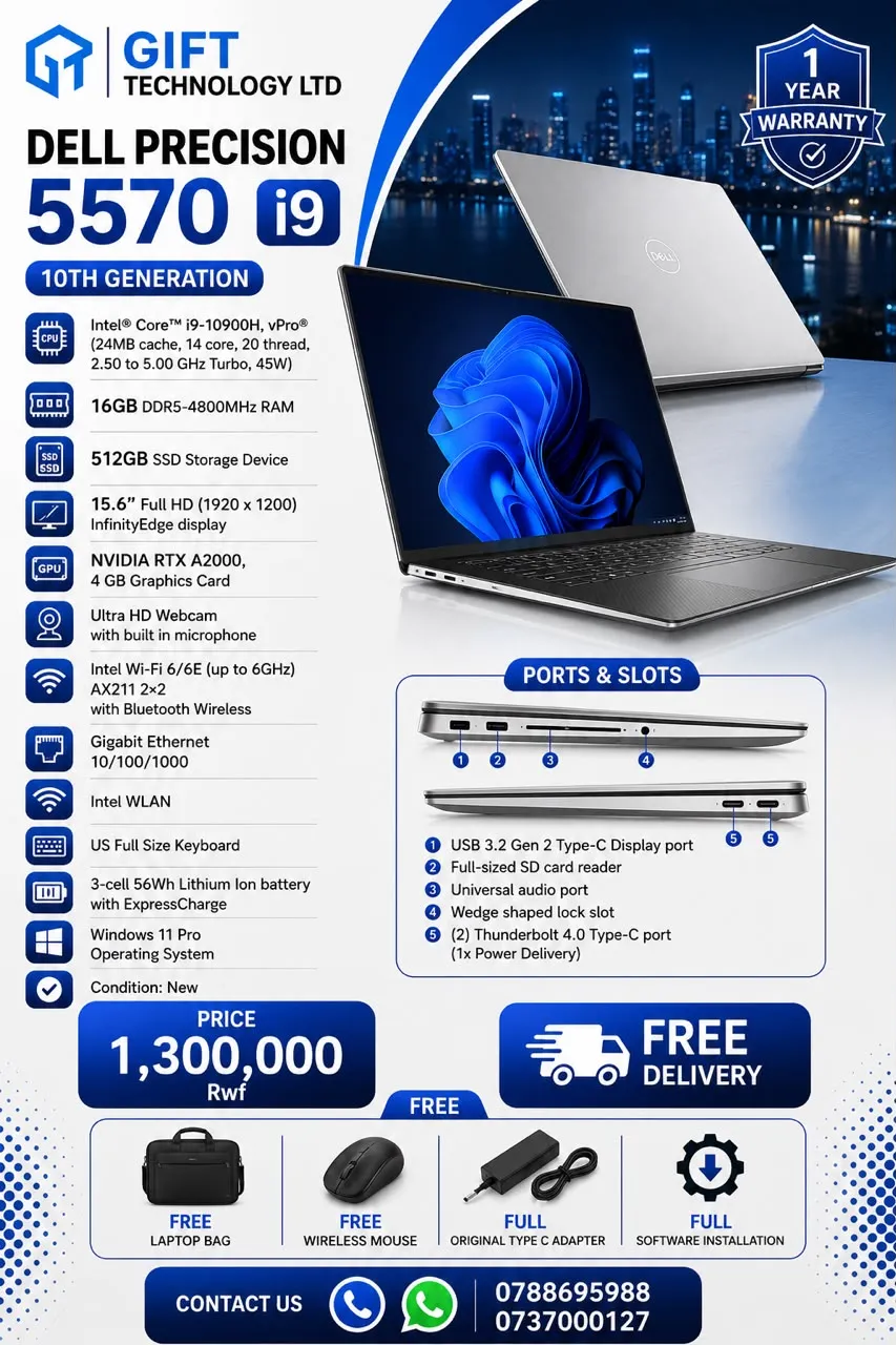 Dell Precision 5570 i9 10th Generation Laptop 512GB for sale in Kigali