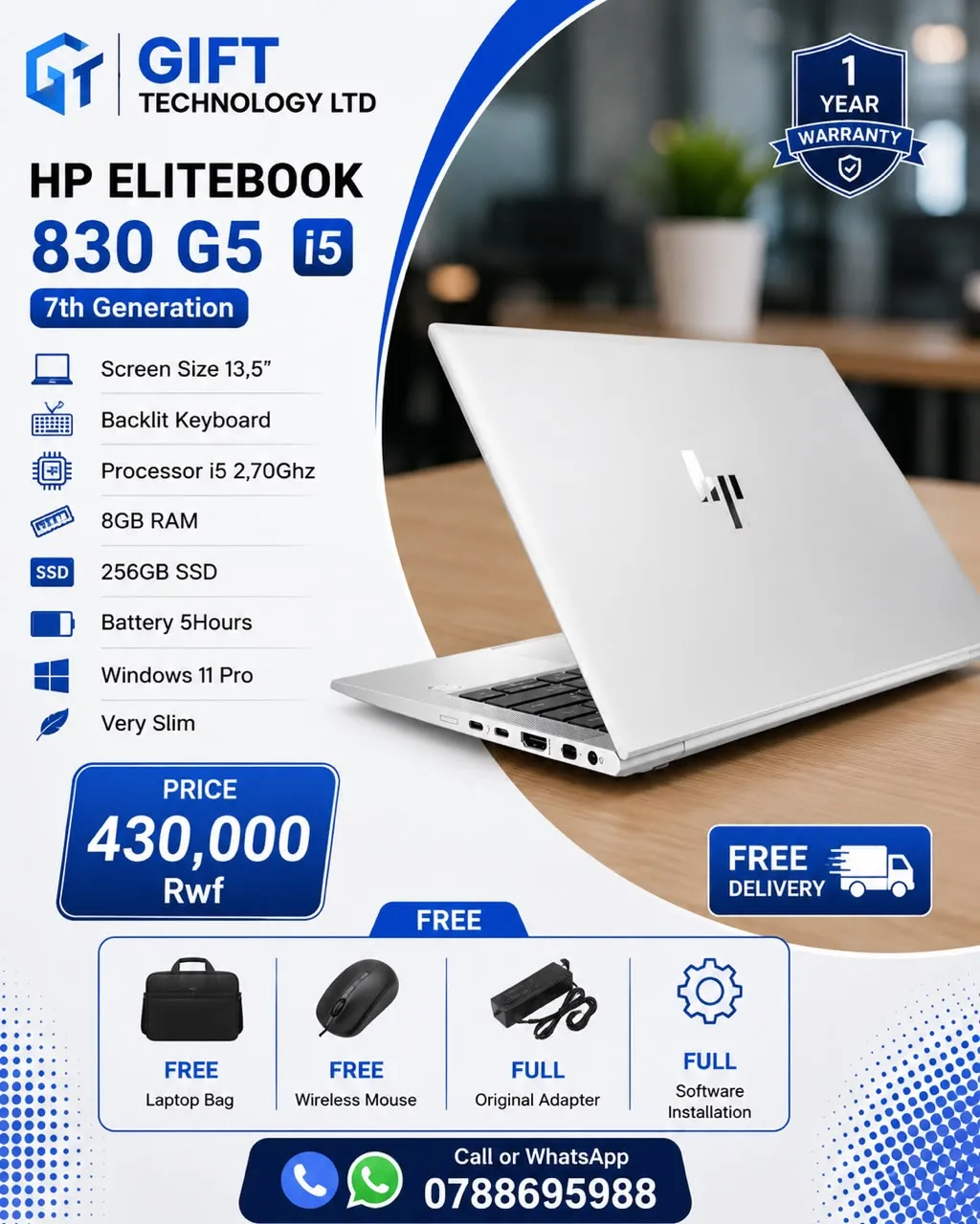 HP Elitebook 830 G5 7th Generation Laptop 256GB for sale in Kigali