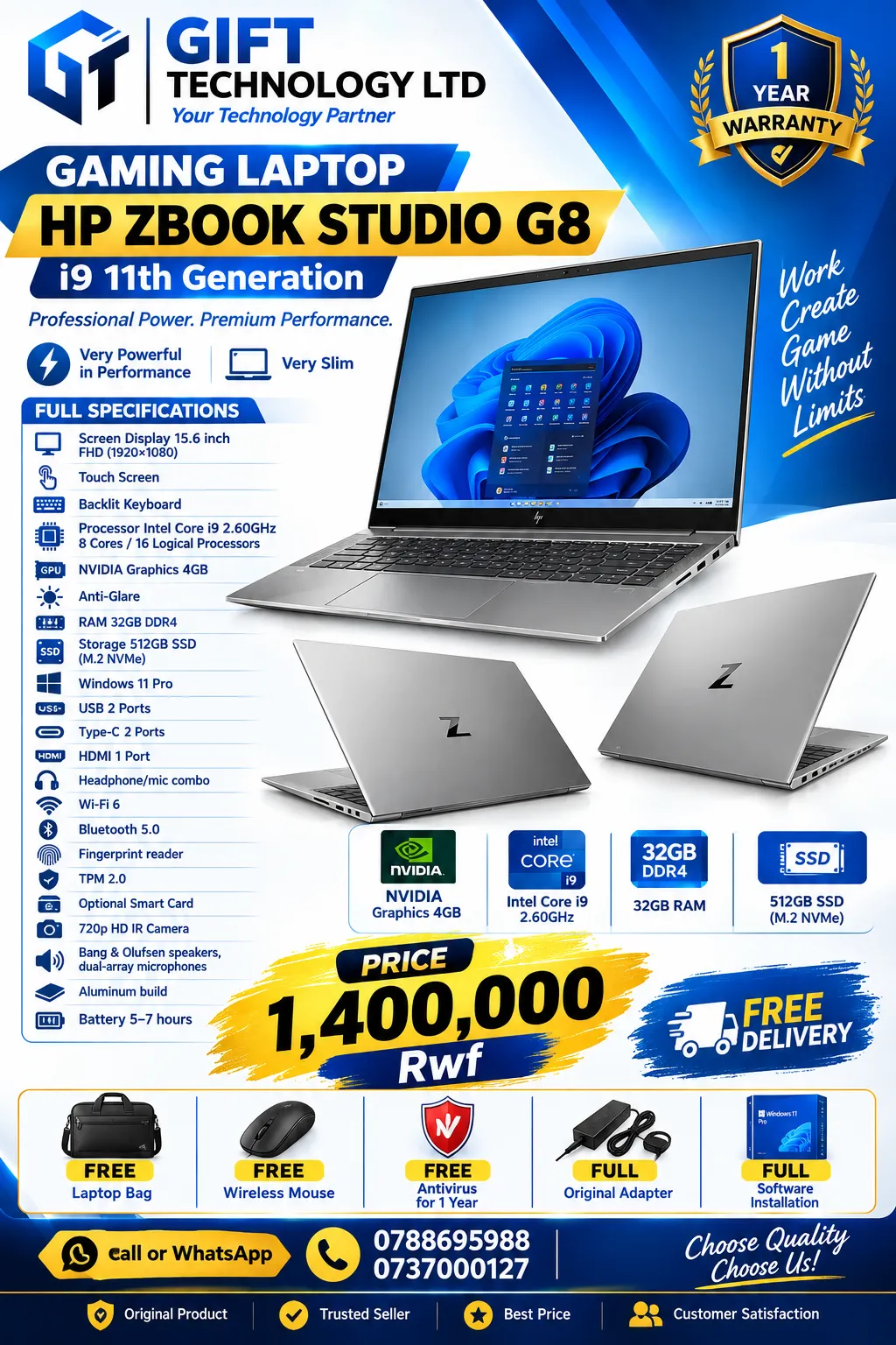 HP ZBook Studio G8 i9 11th Generation Laptop 512GB for sale in Kigali