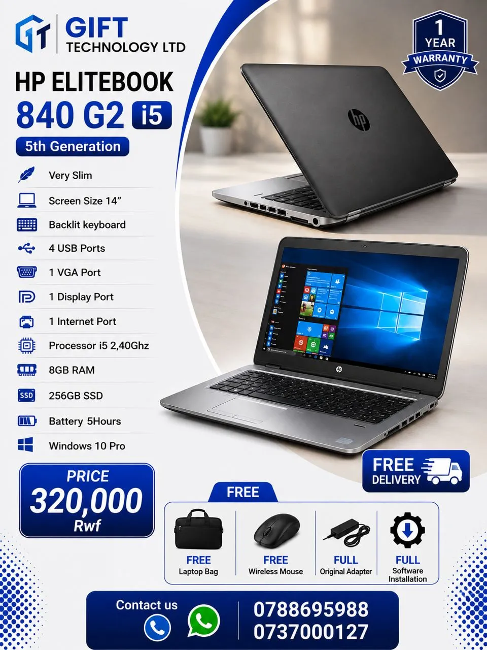 hp Elitebook 840 G2 i5 5th Generation Laptop 256GB for sale in Kigali